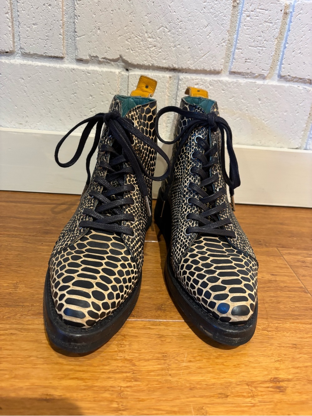Snake-Pattern Lace-Up Ankle Boots in Black & Cream